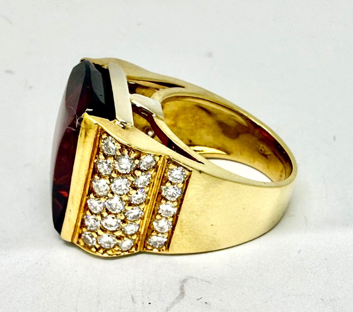 20ct Cushion Rubelite Tourmaline & Diamond Ring — GIA Certified, 18k Yellow Gold