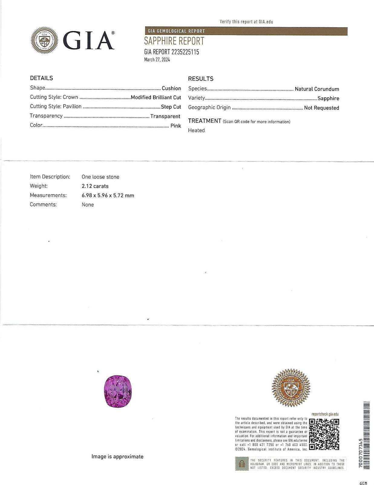 2.12ct Cushion Cut Pink Sapphire & 0.54ct Diamond Ring — GIA Certified, Platinum