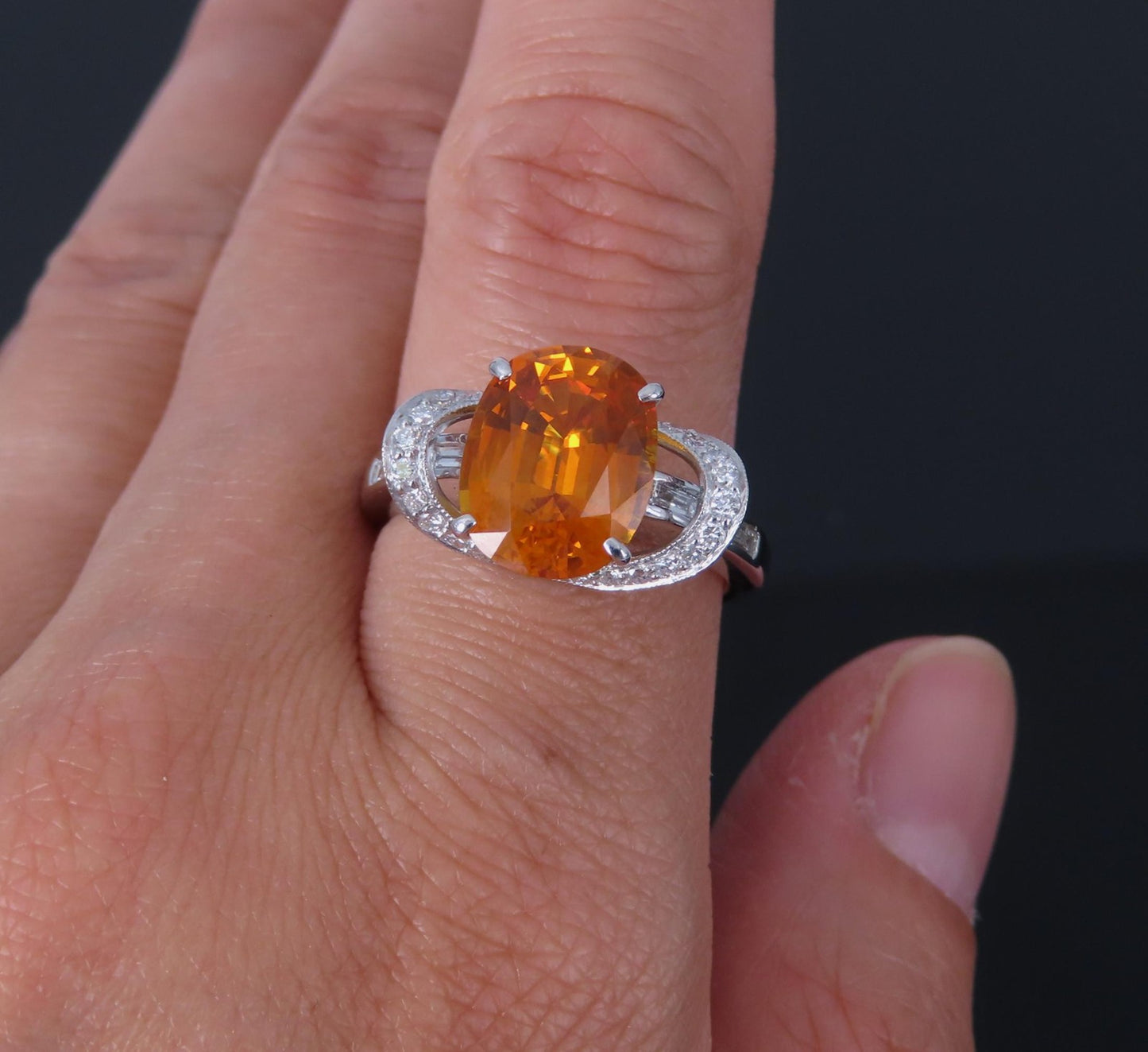 4.49ct Cushion Cut Vivid Orange Sapphire & 0.51ct Diamond Ring — GIA Certified, Platinum