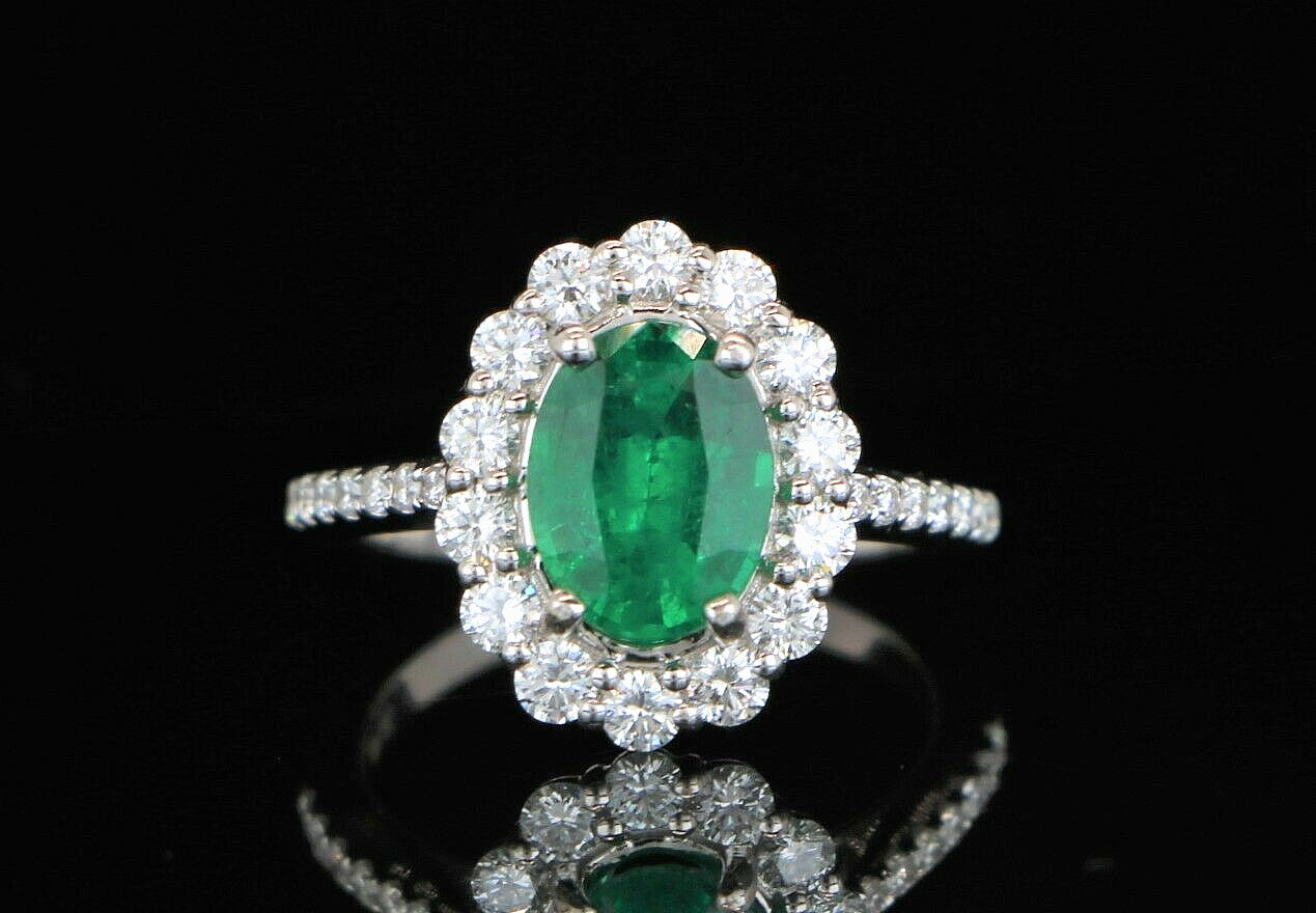 1.60ct Oval Emerald with Diamond Halo Ring — GIA Certified, 18k White Gold