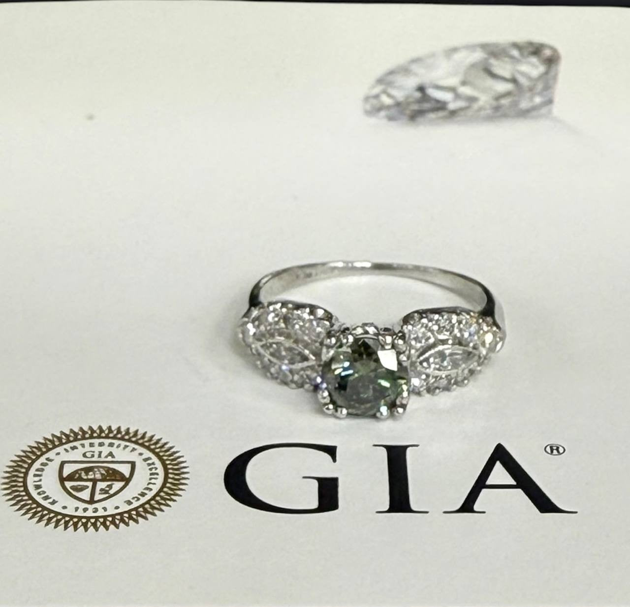 0.82ct Round Brilliant Fancy Dark Gray-Yellowish Green Diamond Art Deco Ring — GIA Certified, Platinum