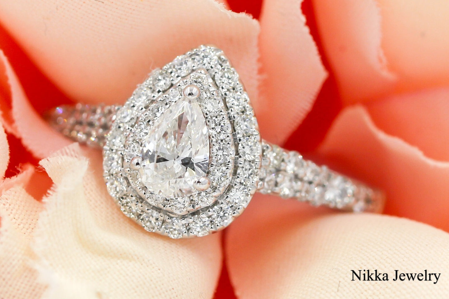 0.41ct Pear Brilliant Diamond Halo Engagement Ring — GIA Certified, 14k White Gold