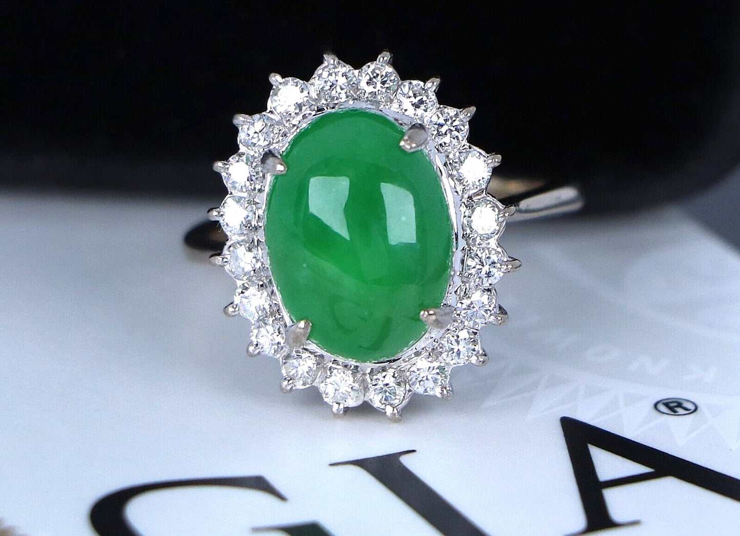 Natural Green Jade Jadeite Diamond Halo Cocktail Ring — GIA Certified, 16k White Gold