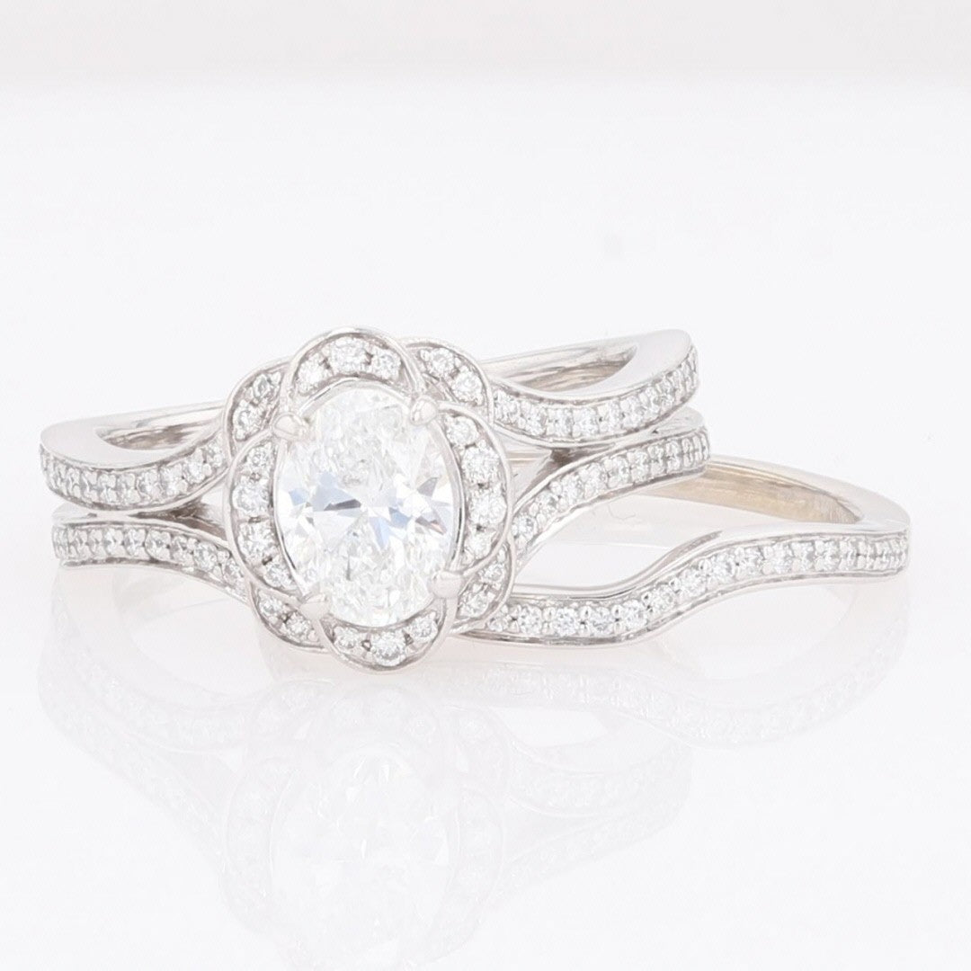 0.88ct Oval Diamond Halo Wedding Set — GIA Certified, 14k White Gold