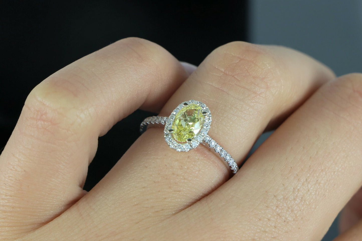 1.00ct Oval Fancy Intense Yellow Diamond Halo Engagement Ring — GIA Certified, 14k White Gold