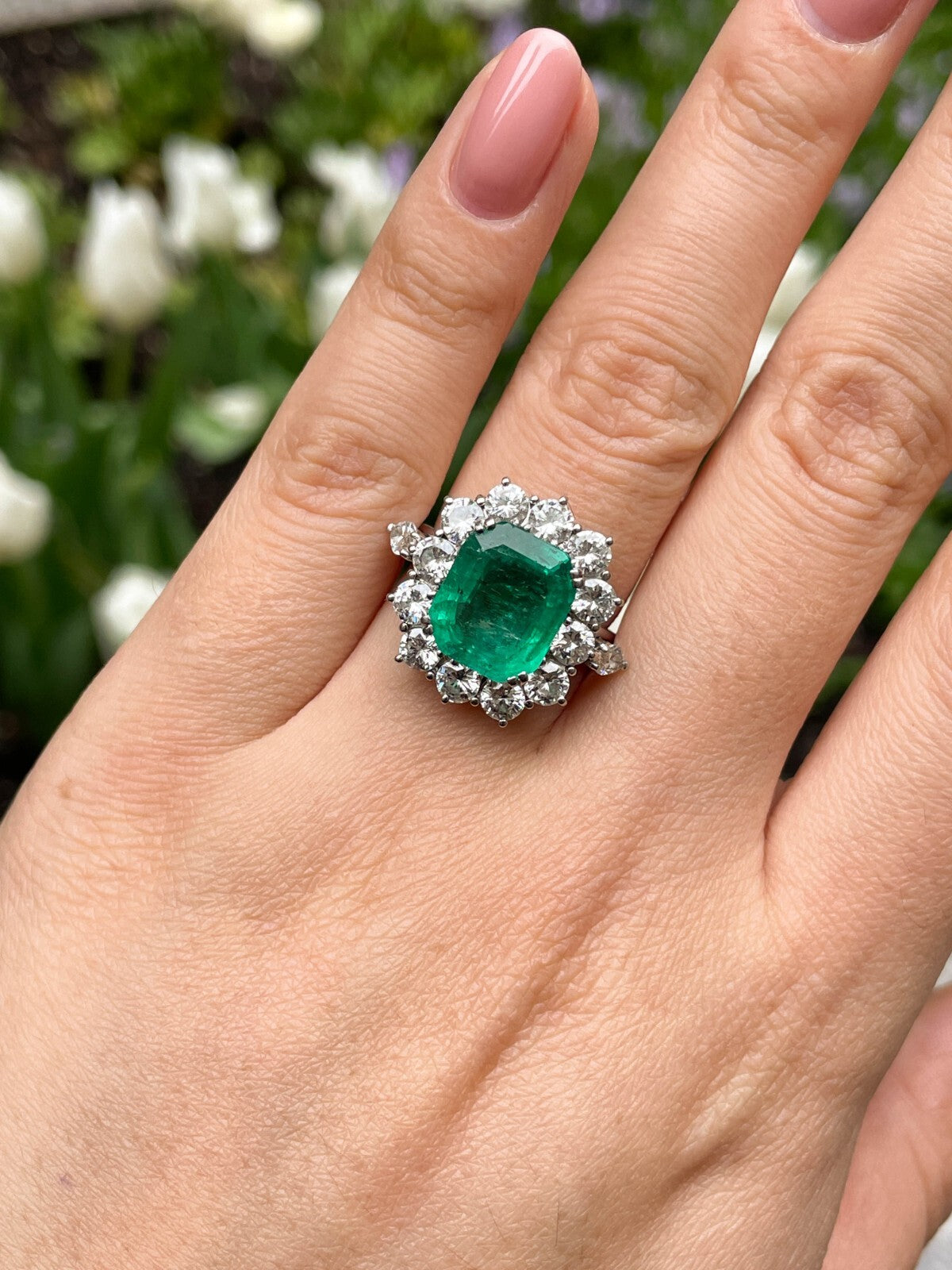 3.65ct Colombian Green Emerald Diamond Cluster Ring — GIA Certified, 18k White Gold