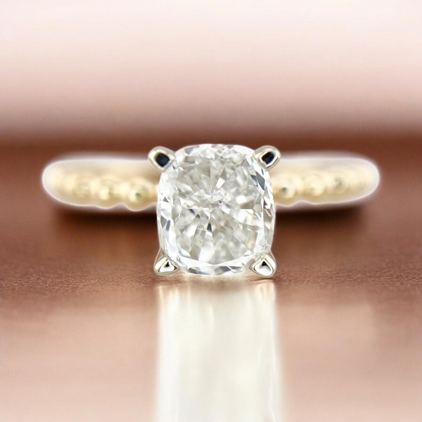 0.95ct Cushion Diamond Beaded Band Solitaire Ring — GIA Certified, 14k Yellow Gold