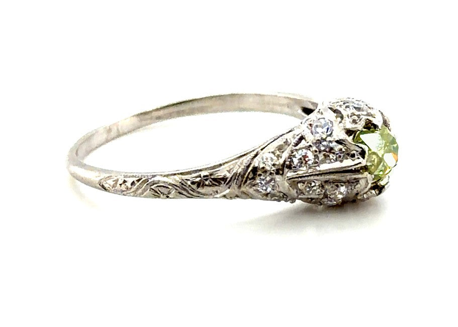 0.57ct Cushion Modified Brilliant Fancy Greenish Yellow Diamond Art Deco Ring — GIA Certified, Platinum