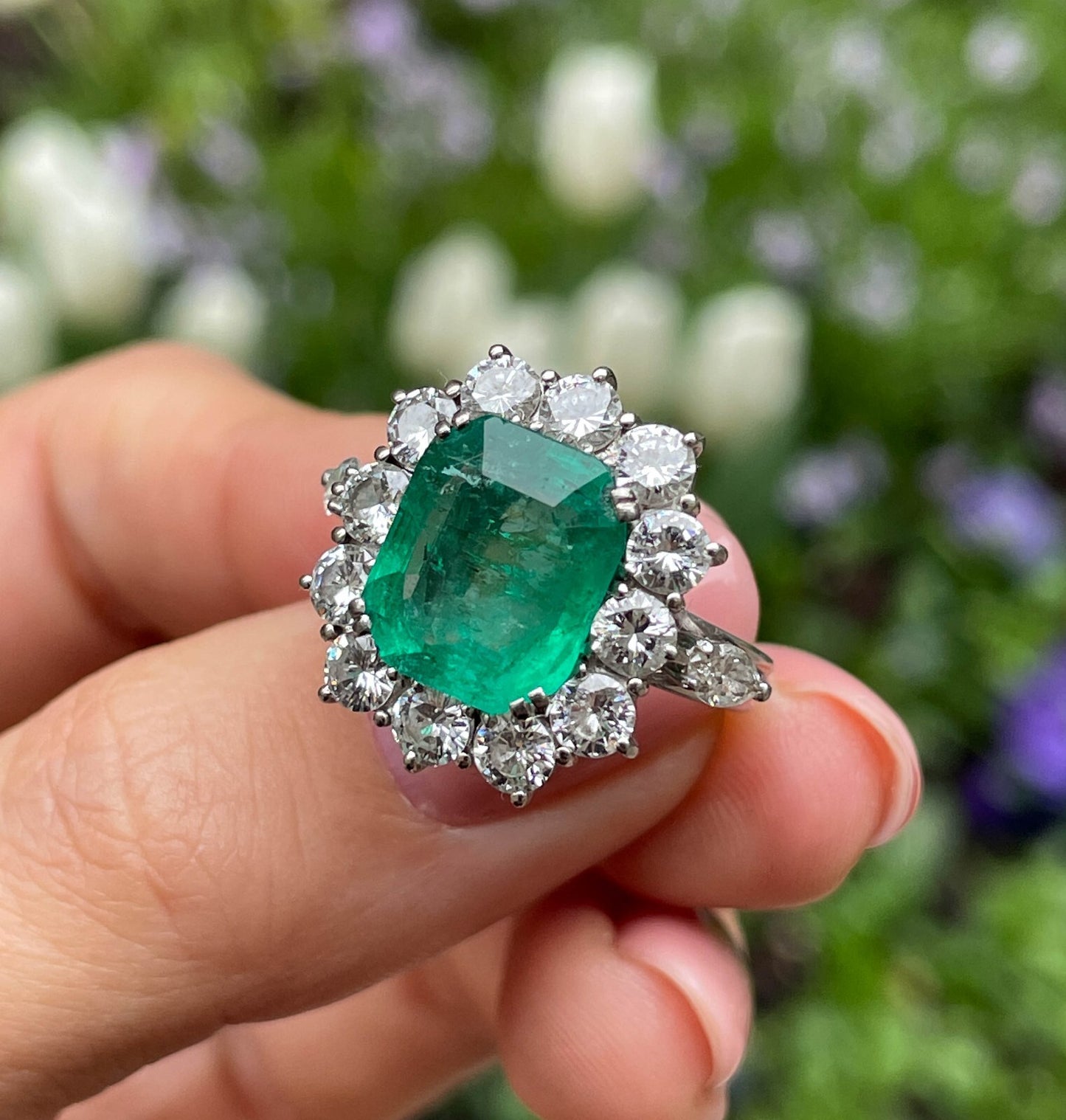3.65ct Colombian Green Emerald Diamond Cluster Ring — GIA Certified, 18k White Gold