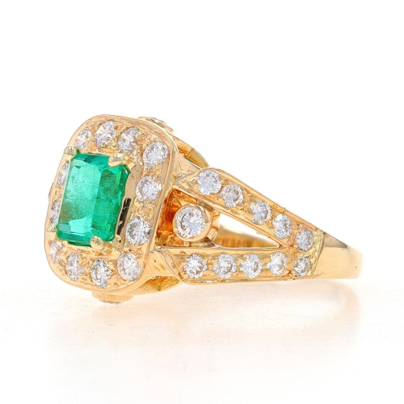 1.40ct Octagonal Green Emerald Diamond Halo Ring — GIA Certified, 18k Yellow Gold
