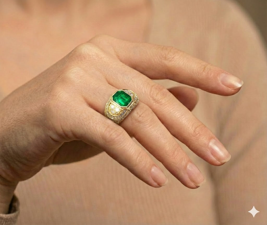 5.38ct Octagonal Step Cut Emerald Diamond Ring — GIA Certified, 18k Yellow Gold
