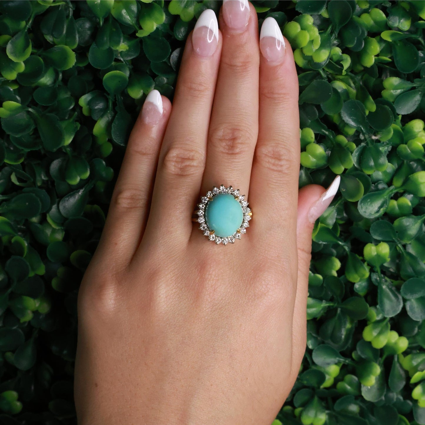 7.25ct Oval Turquoise Halo Diamond Ring — GIA Certified, 18k Two-Tone Gold