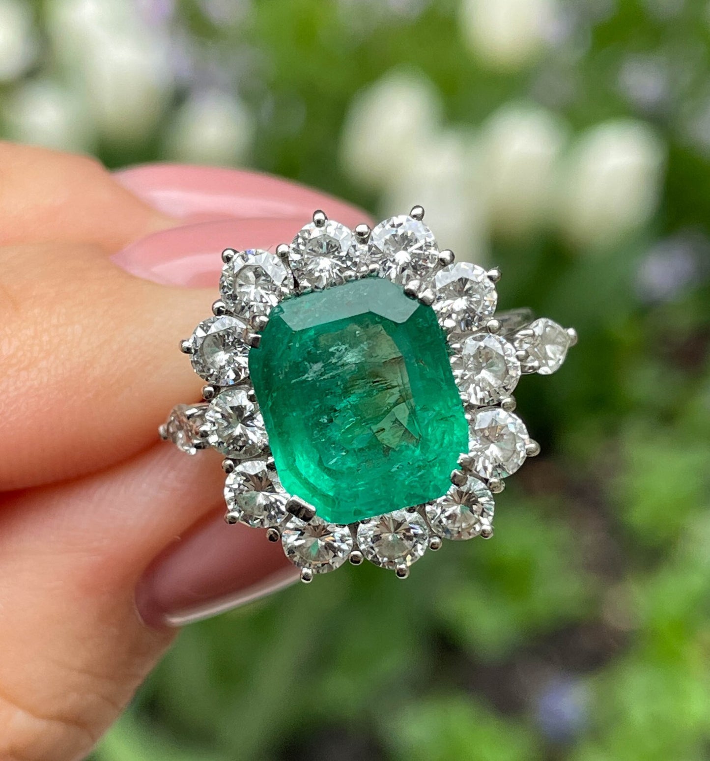 3.65ct Colombian Green Emerald Diamond Cluster Ring — GIA Certified, 18k White Gold