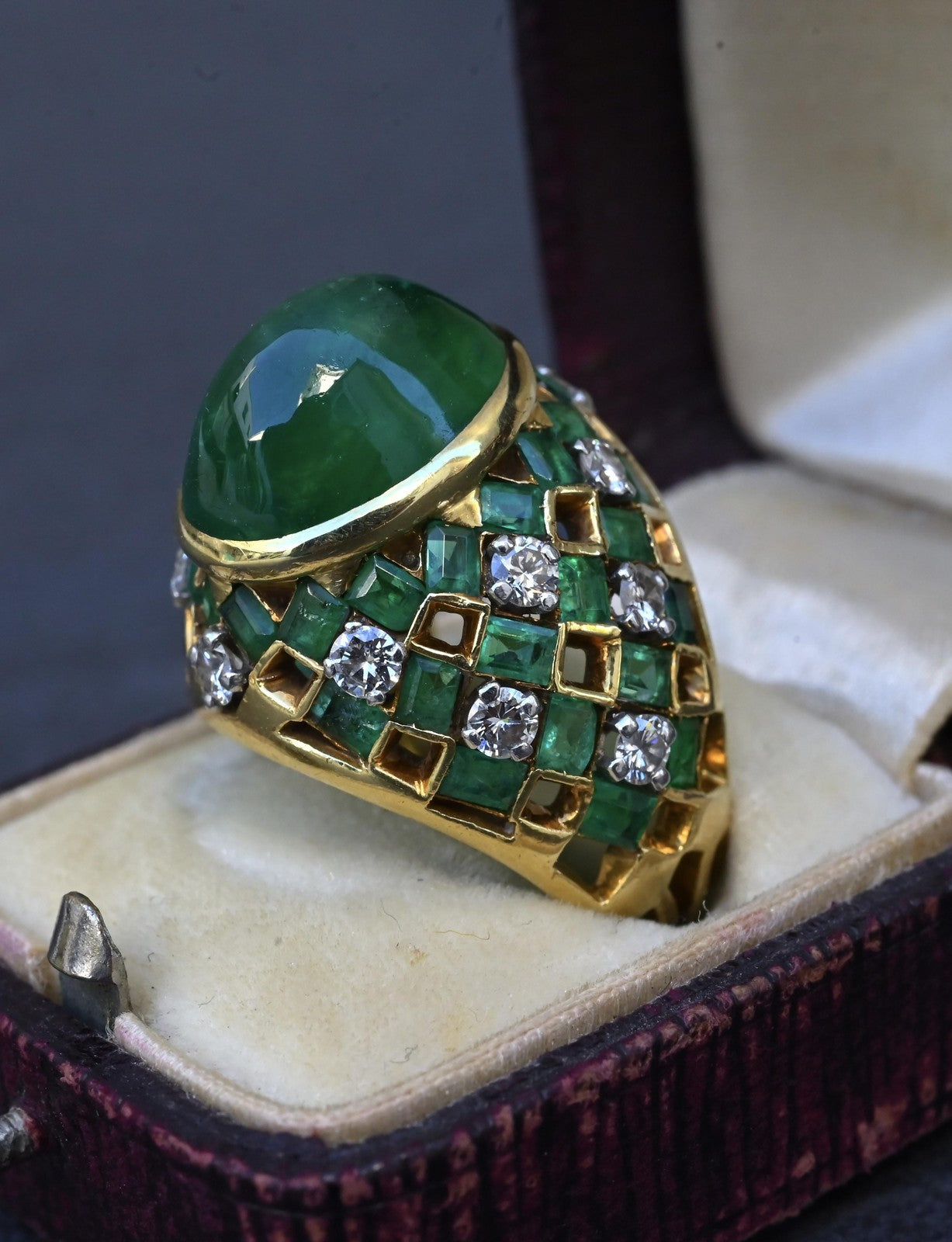 7.12ct Oval Emerald Cabochon Diamond Ring — GIA Certified, 18K Yellow Gold