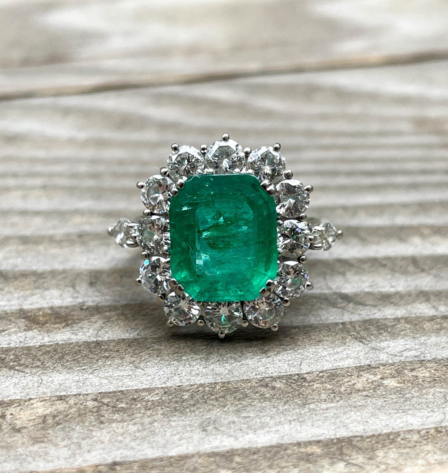3.65ct Colombian Green Emerald Diamond Cluster Ring — GIA Certified, 18k White Gold