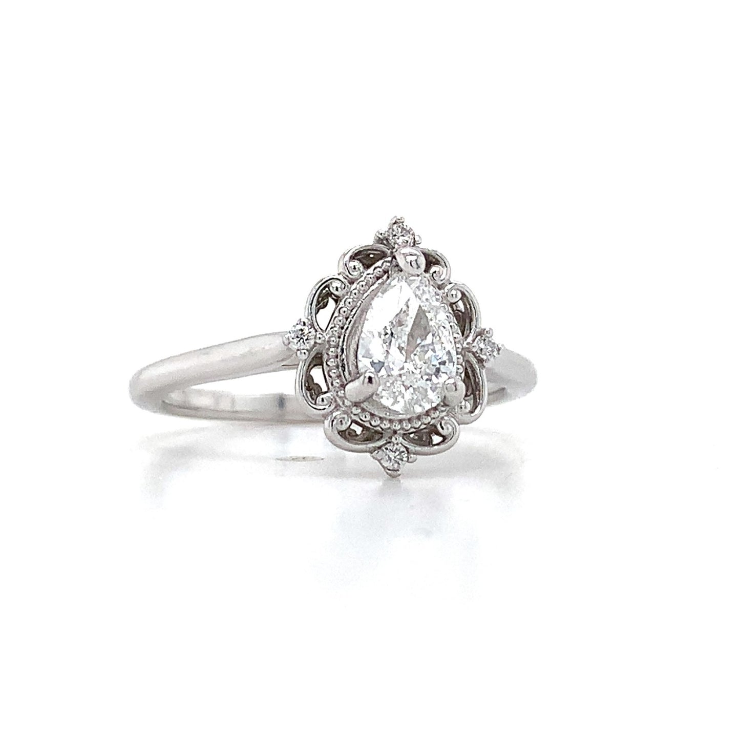 0.40ct Pear Brilliant Diamond Filigree Ring — GIA Certified, 14k White Gold