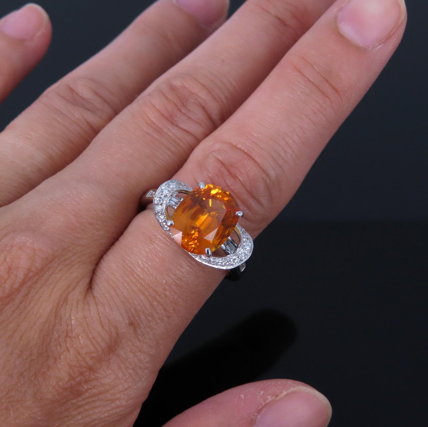 4.49ct Cushion Cut Vivid Orange Sapphire & 0.51ct Diamond Ring — GIA Certified, Platinum