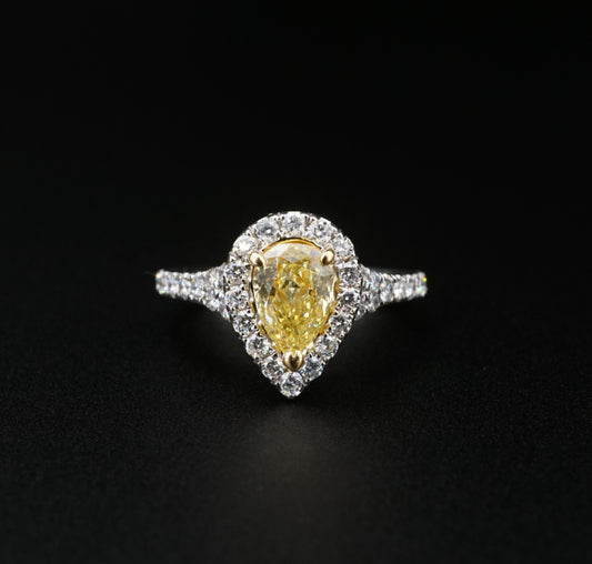 1.01ct Pear Fancy Yellow Diamond Halo Ring — GIA Certified, 18k White Gold
