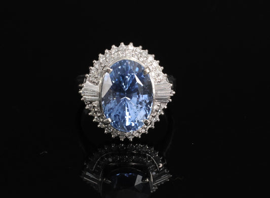 7.43ct Oval Ceylon Blue Sapphire Diamond Halo Ring — GIA Certified, Platinum