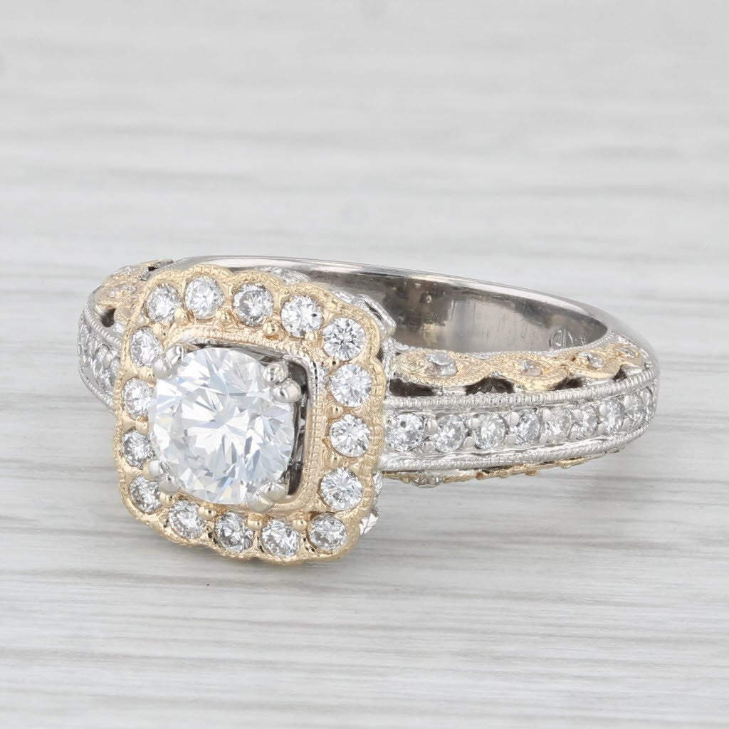 0.74ct Round Brilliant Halo Engagement Ring — GIA Certified, 14k White & Yellow Gold