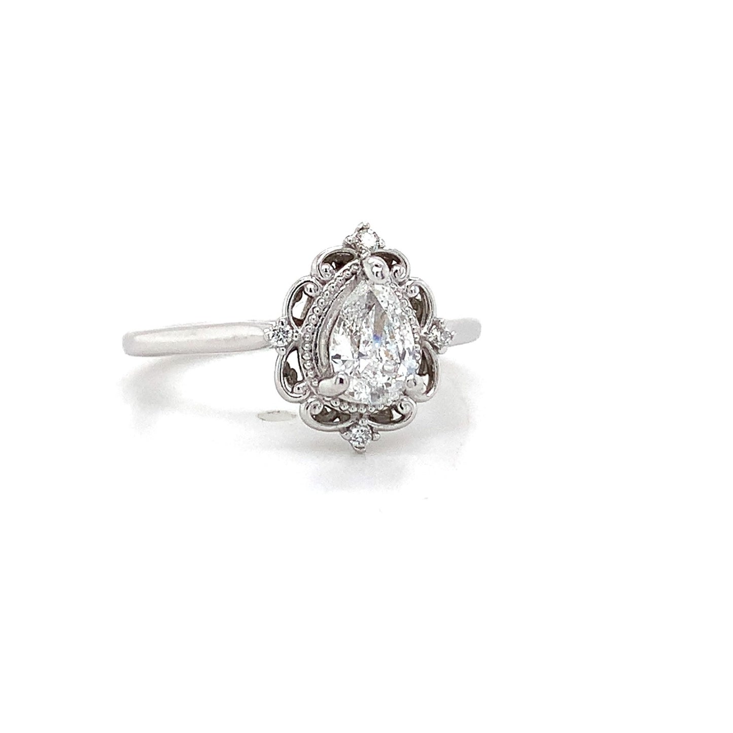 0.40ct Pear Brilliant Diamond Filigree Ring — GIA Certified, 14k White Gold