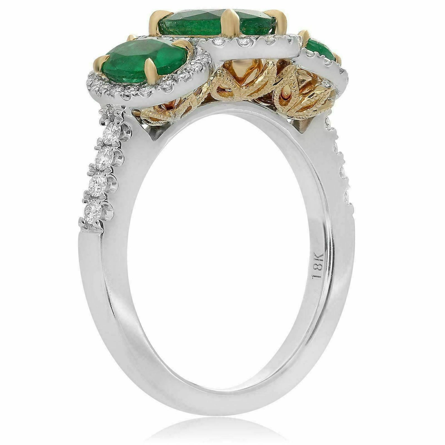 2.36ct Oval Diamond & Emerald Three Stone Halo Ring — GIA Certified, 18k Two-Tone Gold