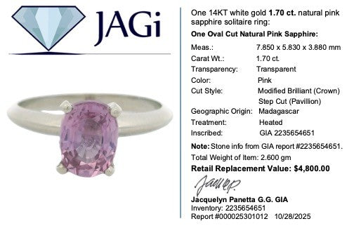 1.7ct Oval Diamond Engagement Ring — GIA Certified, 18k Gold