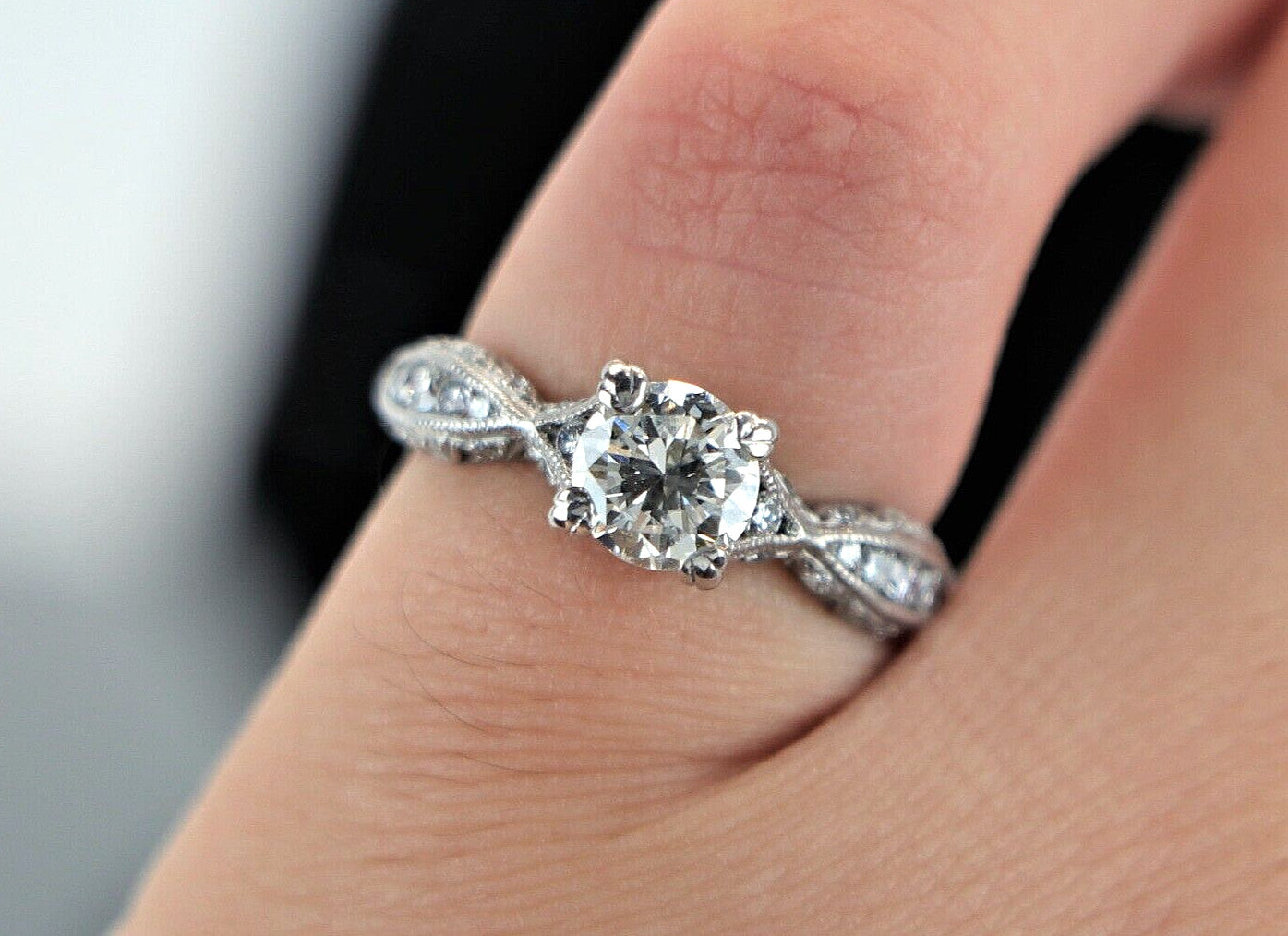 0.86ct Round Brilliant Diamond Crescent Engagement Ring — GIA Certified, 18k White Gold