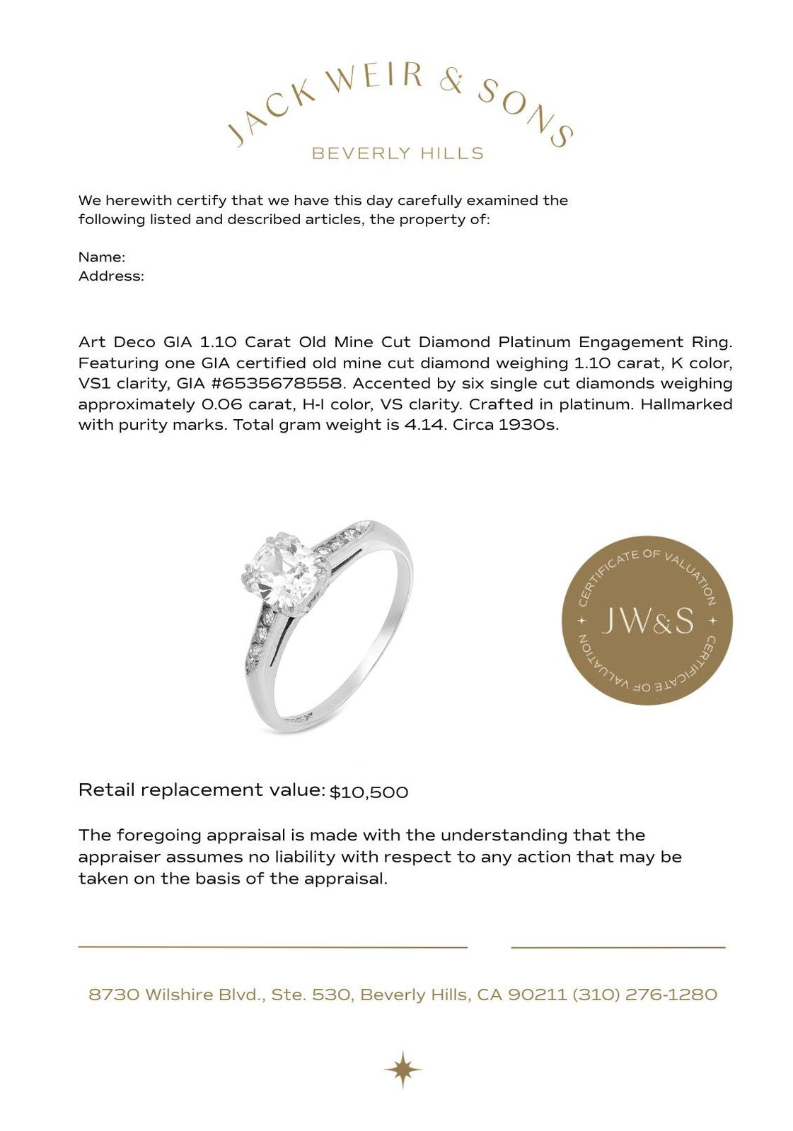 1.10ct Old Mine Cut Diamond Art Deco Ring — GIA Certified, Platinum