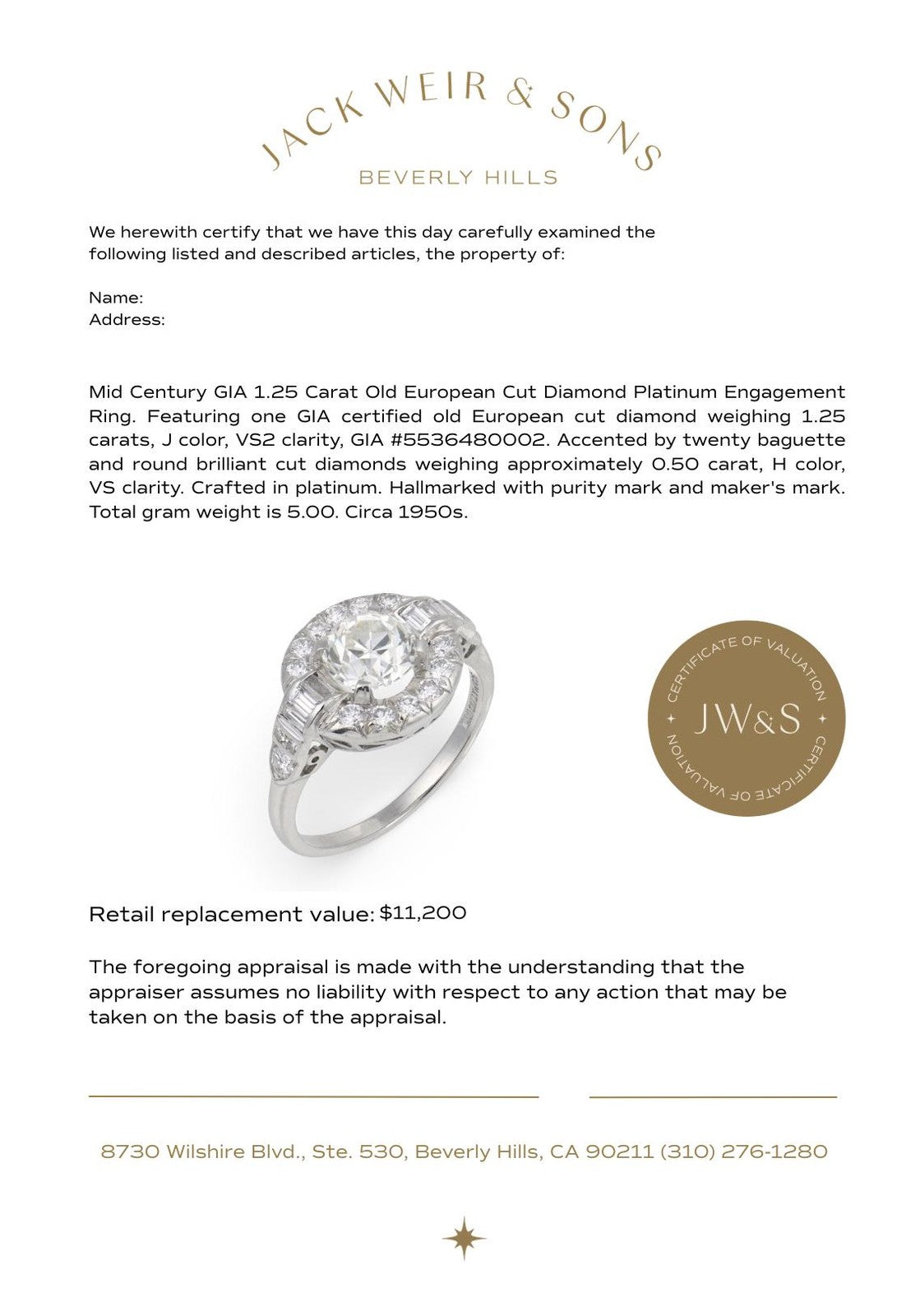 1.25ct Old European Cut Diamond Engagement Ring — GIA Certified, Platinum