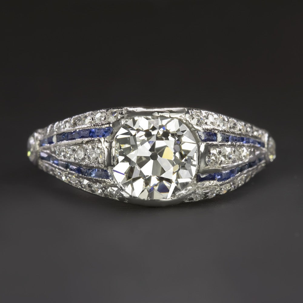 1.43ct Old European Cut Diamond Art Deco Ring — GIA Certified, Platinum with Sapphires