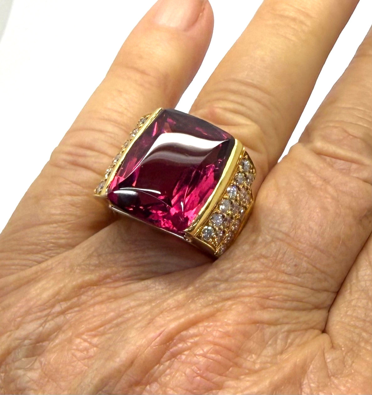 20ct Cushion Rubelite Tourmaline & Diamond Ring — GIA Certified, 18k Yellow Gold