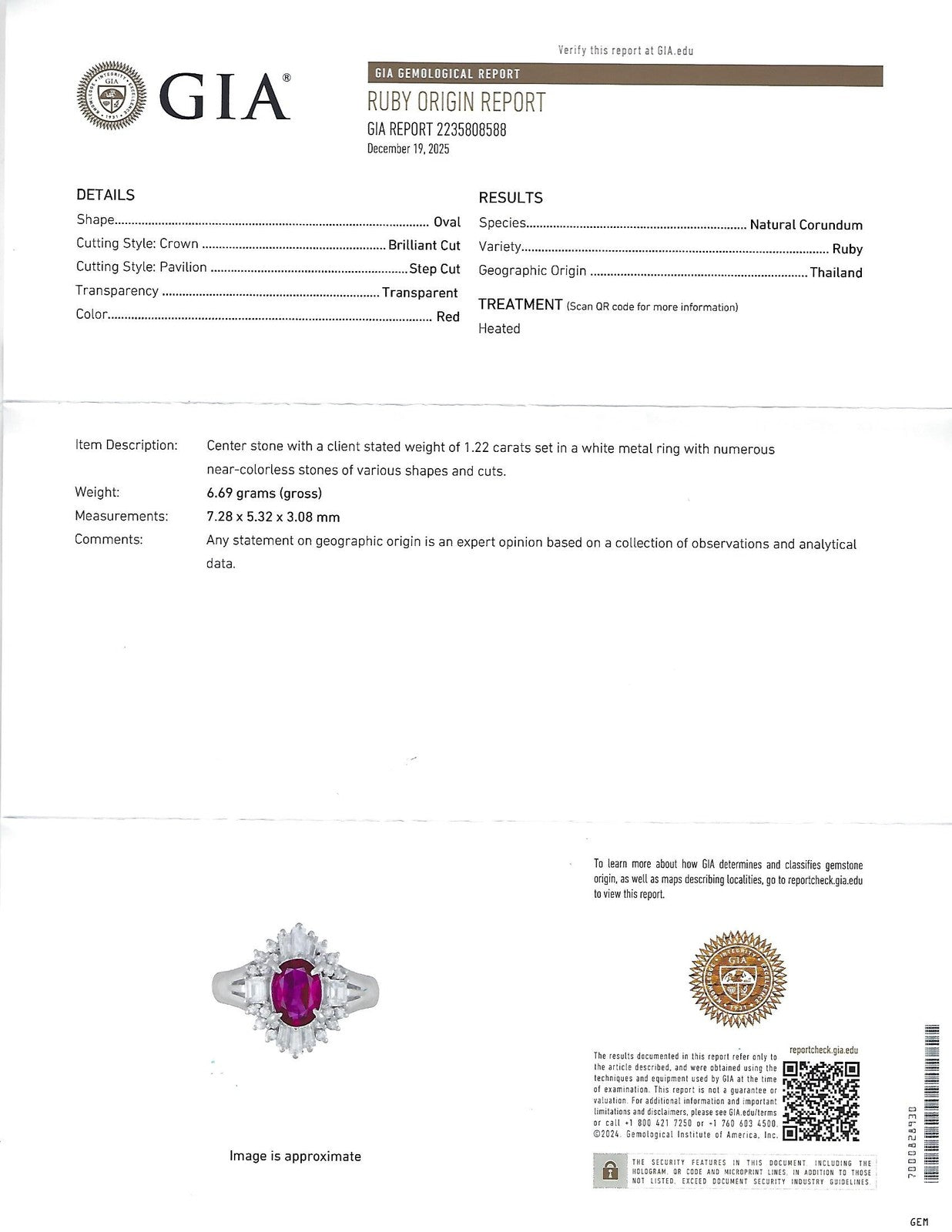 1.22ct Oval Ruby & 0.54ct Diamond Ring — GIA Certified, Platinum