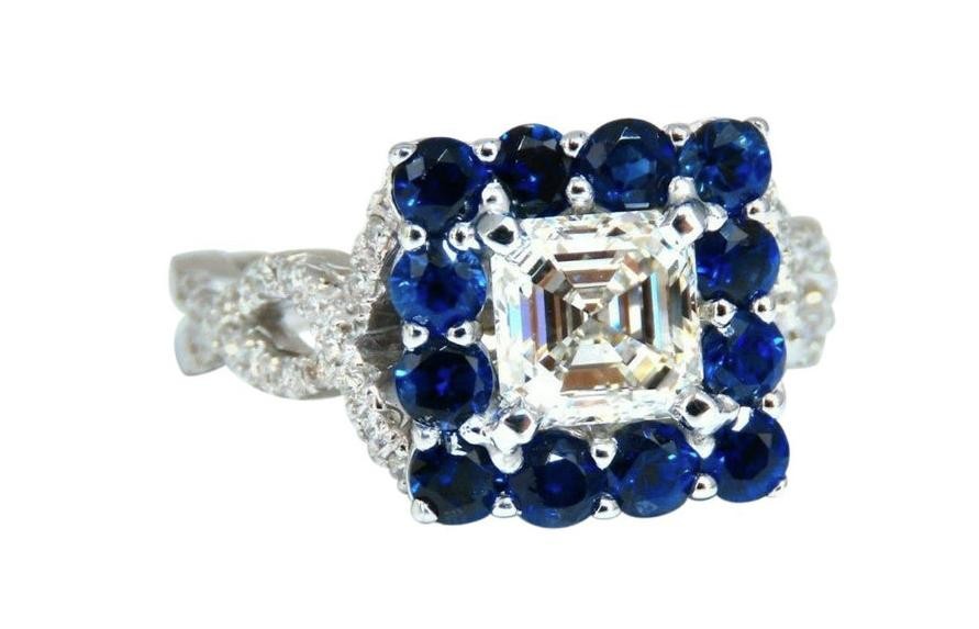 1.20ct Asscher Cut Diamond Ring with Sapphires — GIA Certified, 14k White Gold