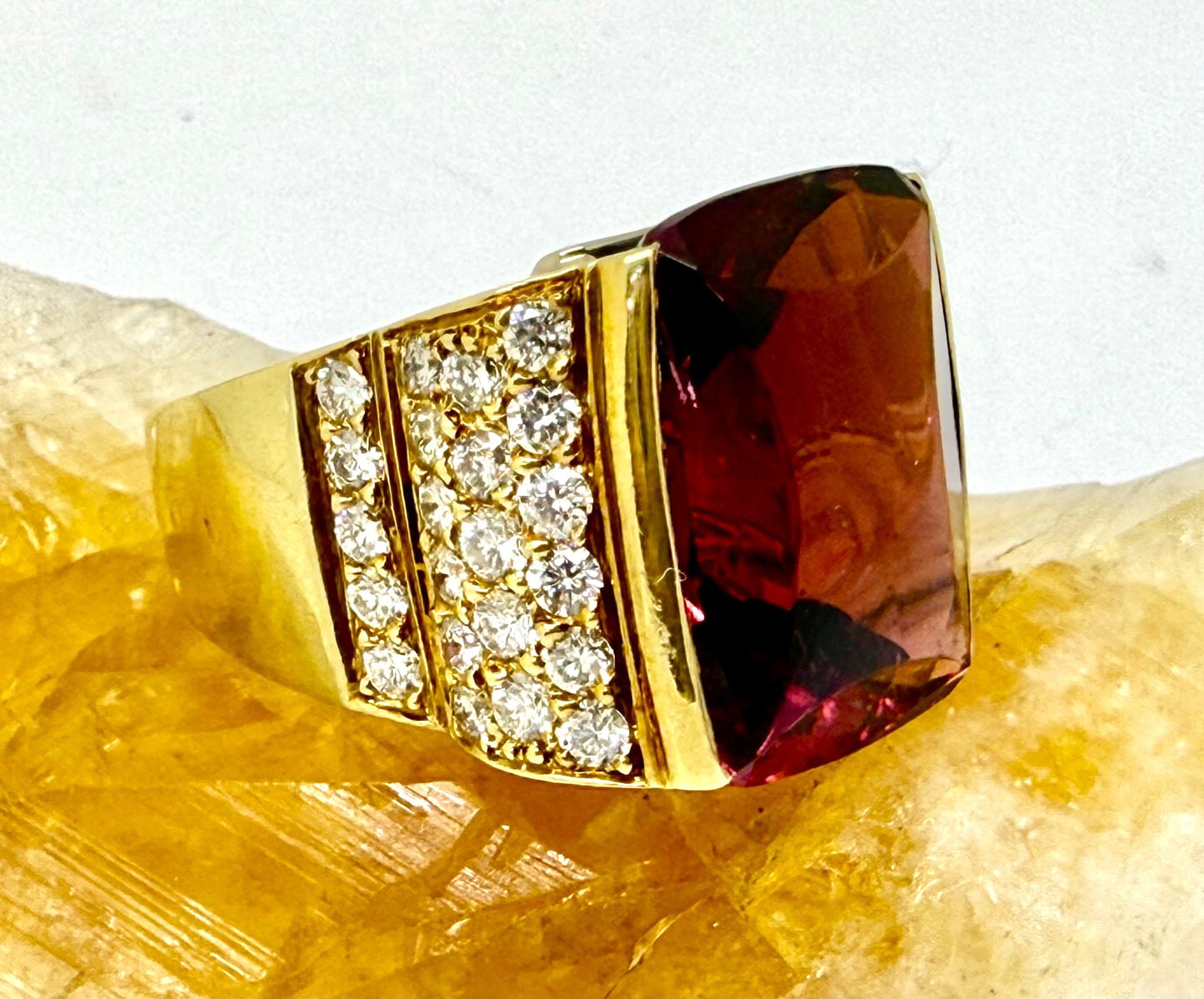 20ct Cushion Rubelite Tourmaline & Diamond Ring — GIA Certified, 18k Yellow Gold
