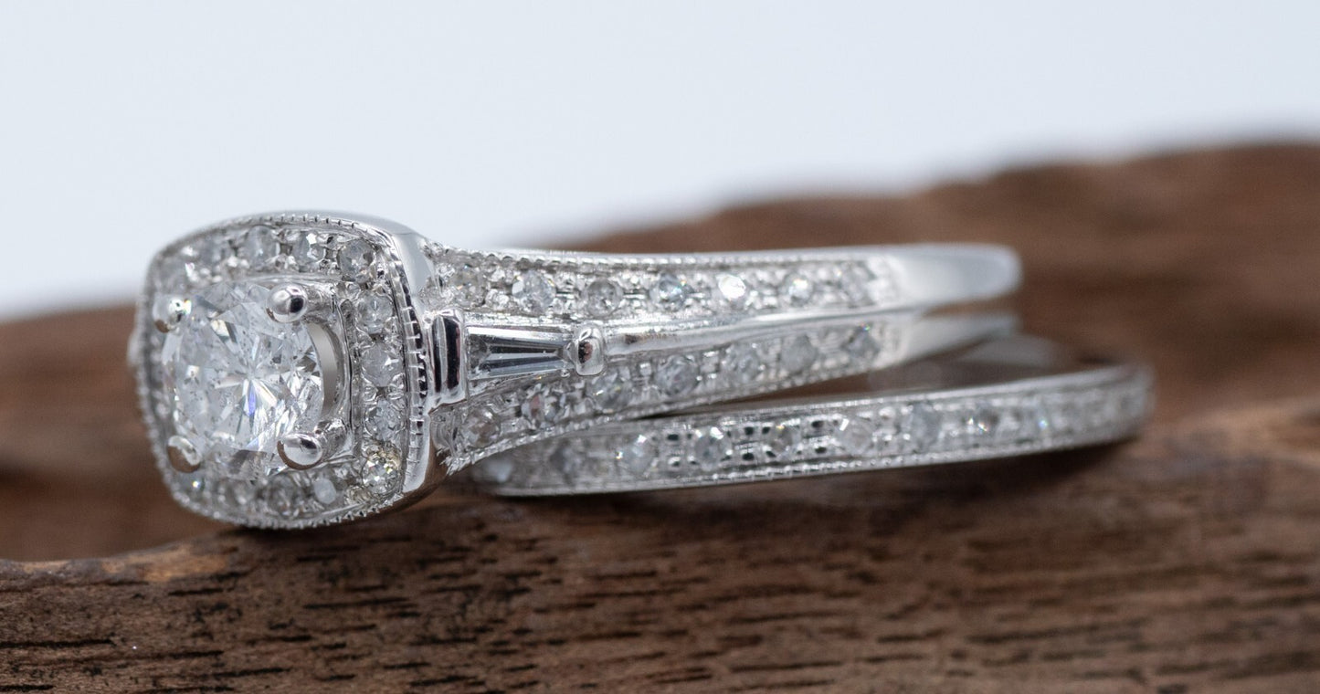 0.58ct Round Brilliant Diamond Milgrain Wedding Set — GIA Certified, 14k White Gold