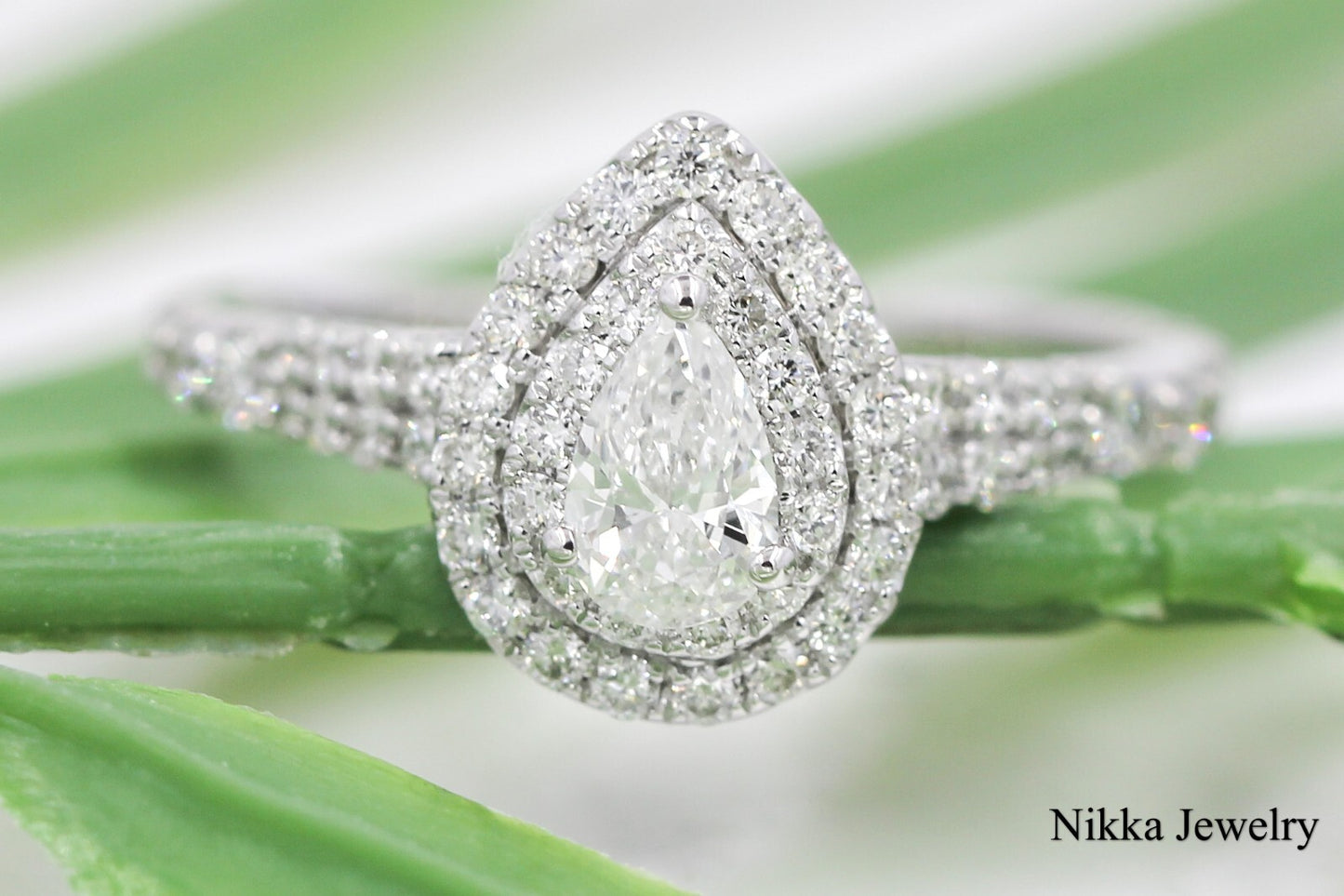0.41ct Pear Brilliant Diamond Halo Engagement Ring — GIA Certified, 14k White Gold