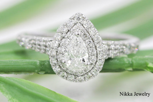 0.41ct Pear Brilliant Diamond Halo Engagement Ring — GIA Certified, 14k White Gold