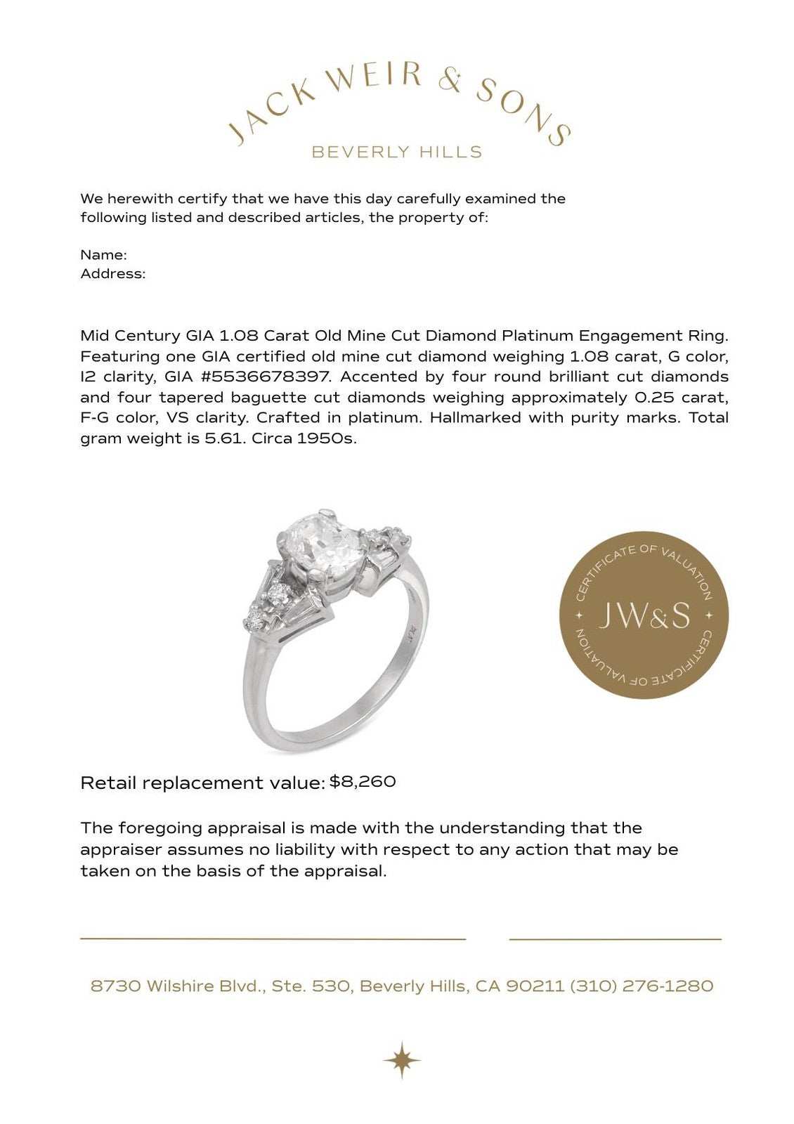 1.08ct Old Mine Cut Diamond Engagement Ring — GIA Certified, Platinum