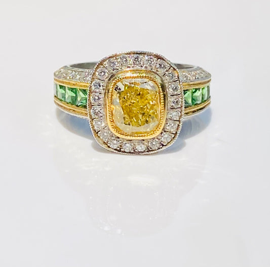 3.05ct Cushion Cut Fancy Yellow Diamond Halo Ring — GIA Certified, Platinum & 18k Gold