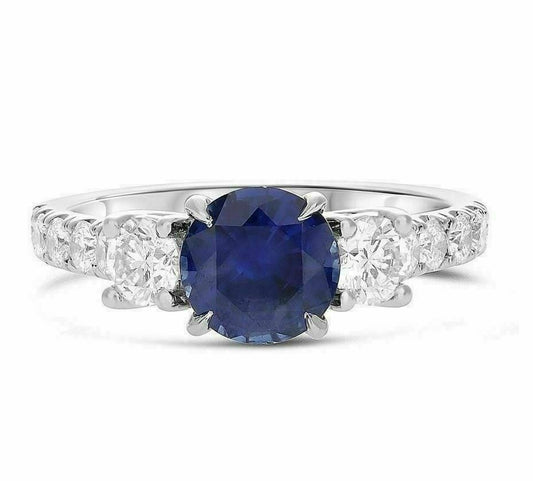 2.47ct Diamond & Sapphire Three-Stone Ring — GIA Certified, 14k White Gold