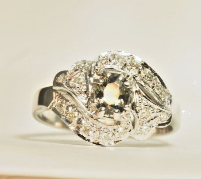 0.76ct Oval Alexandrite Vintage Diamond Ring — GIA Certified, 10k White Gold