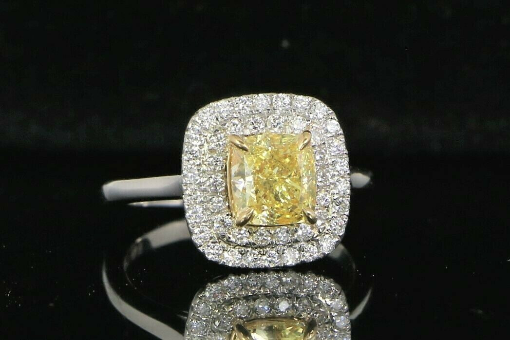1.23ct Cushion Modified Brilliant Fancy Intense Yellow Diamond Engagement Ring — GIA Certified, Platinum & 18K Gold