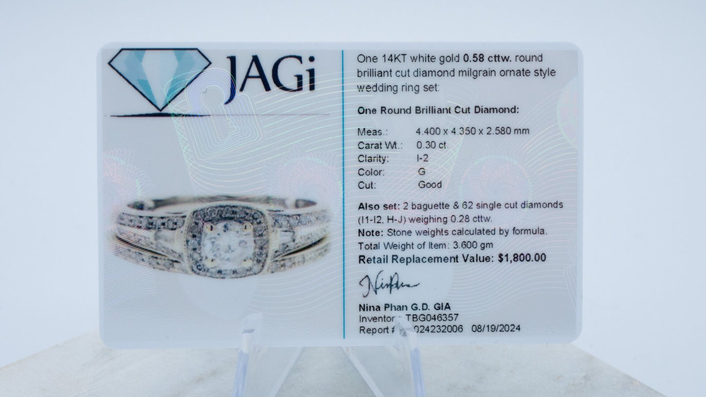 0.58ct Round Brilliant Diamond Milgrain Wedding Set — GIA Certified, 14k White Gold