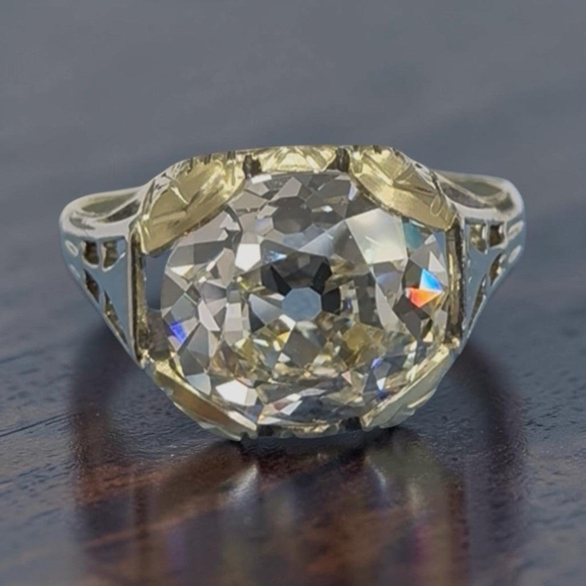3.02ct Old Mine Cut Diamond Solitaire Ring — GIA Certified, Multi-Tone Gold