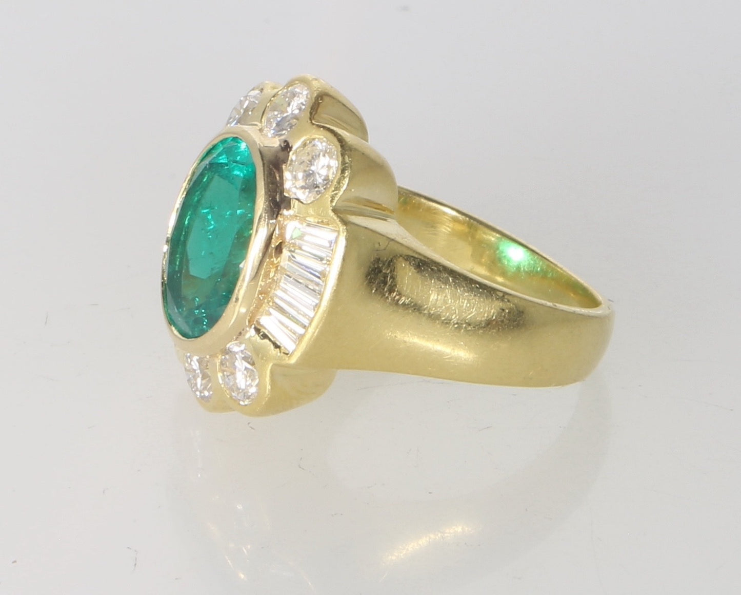 3ct Oval Emerald Diamond Baguette Cocktail Ring — GIA Certified, 18k Yellow Gold