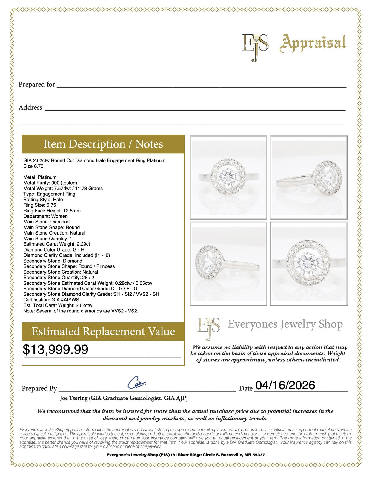 2.62ct Round Brilliant Diamond Halo Engagement Ring — GIA Certified, Platinum