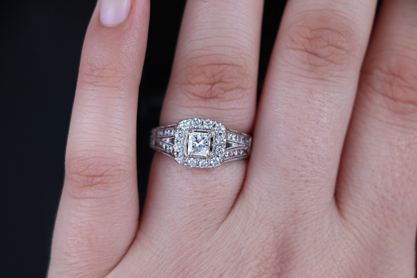 0.70ct Princess Cut Diamond Halo Engagement Ring — GIA Certified, 14k White Gold