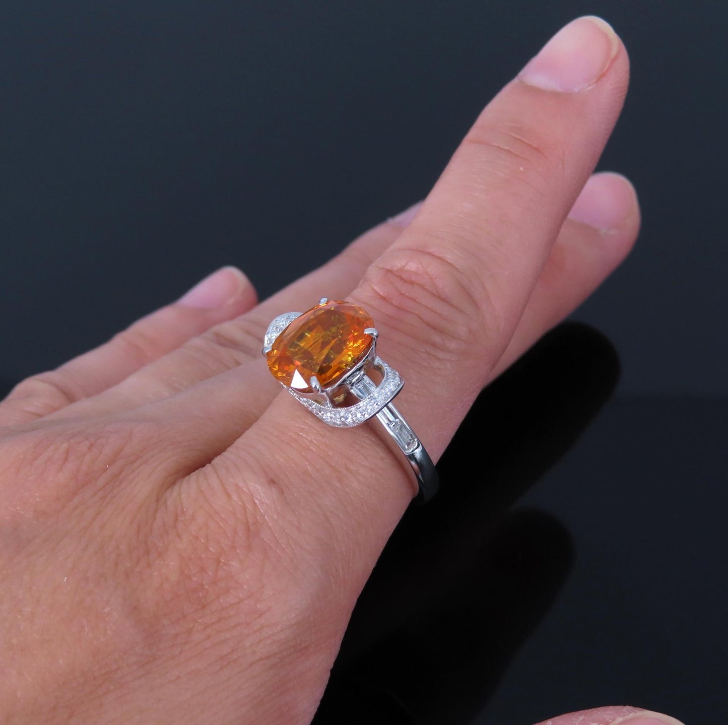 4.49ct Cushion Cut Vivid Orange Sapphire & 0.51ct Diamond Ring — GIA Certified, Platinum