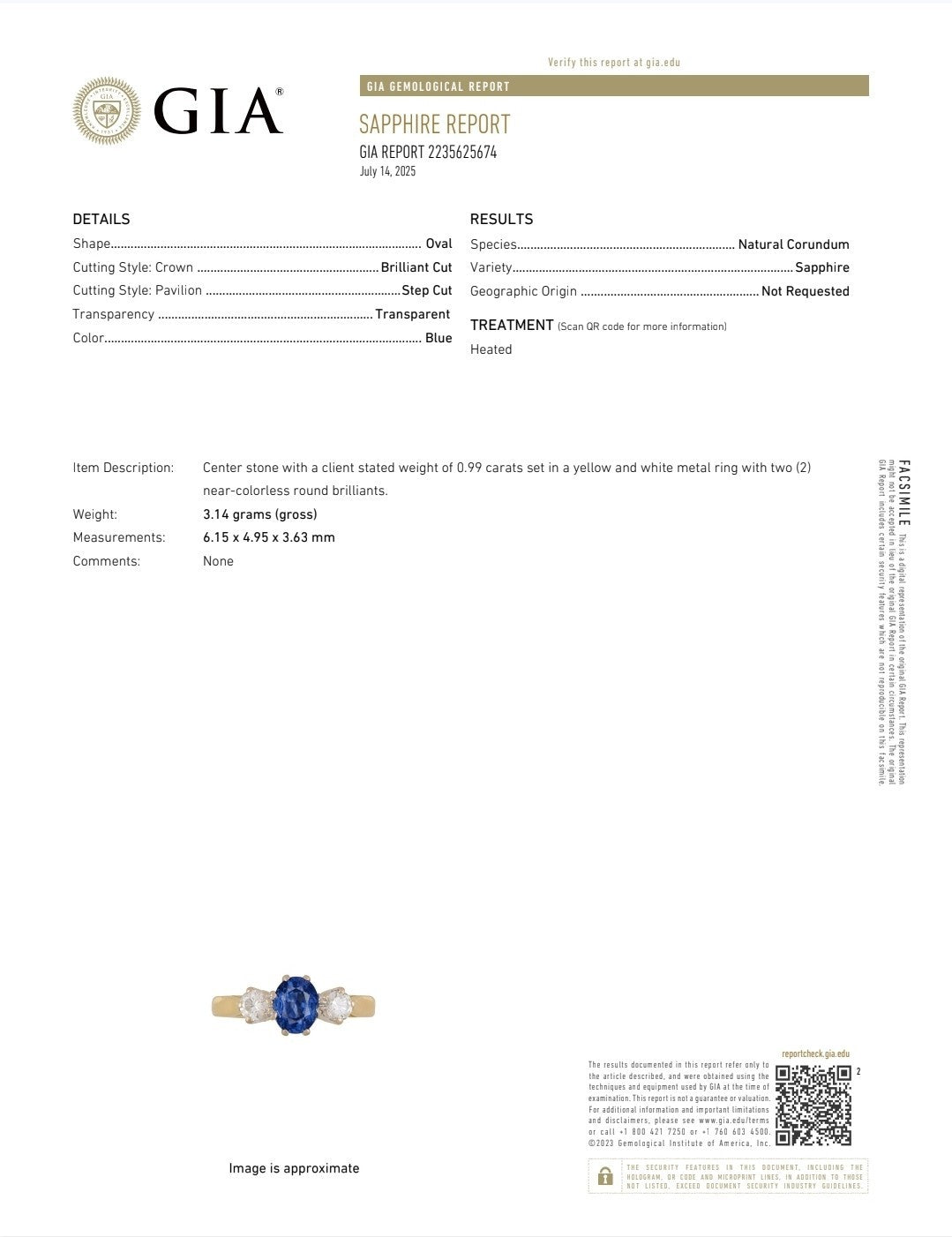 0.99ct Oval Sapphire Three Stone Engagement Ring — GIA Certified, 18k Gold